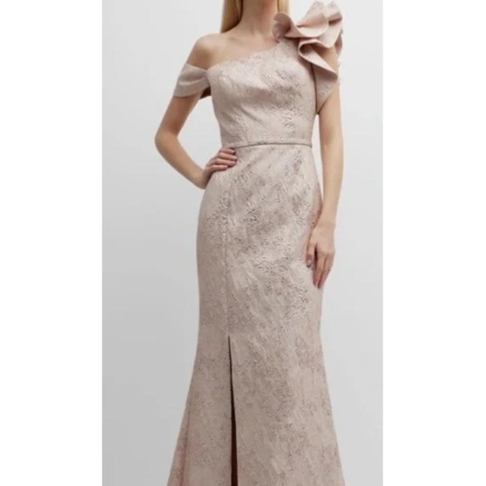 Teri Jon Rickie Freeman One Shoulder Metallic Jacquard Gown Rose Gold 18